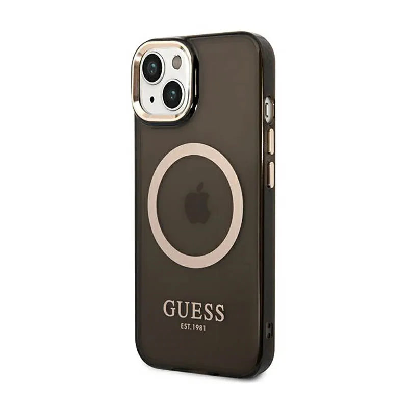 Guess Gold Outline Translucent MagSafe – dėklas iPhone 14 telefonui (juodas)