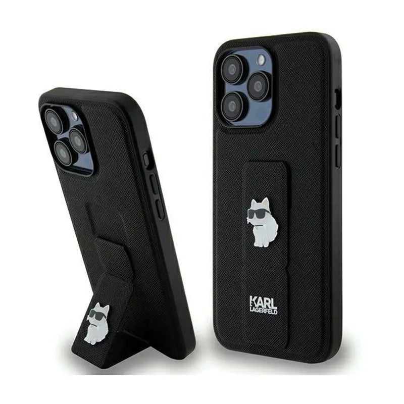 Karl Lagerfeld Gripstand Saffiano Choupette Pins – dėklas iPhone 13 Pro (juodas)