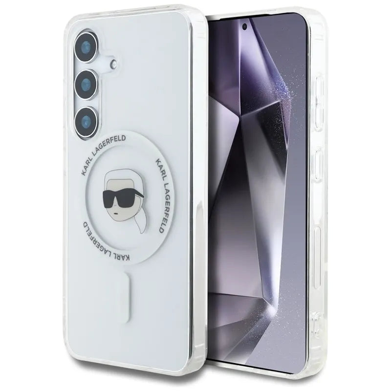 Karl Lagerfeld Button Karl Head Printed Logo MagSafe – dėklas Samsung Galaxy S25 (baltas)