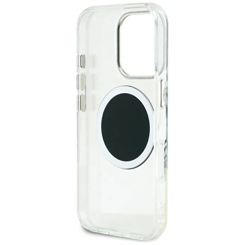 Guess IML Metal Colored Circle Classic Logo MagSafe – dėklas, skirtas iPhone 16 Pro Max (juodas)