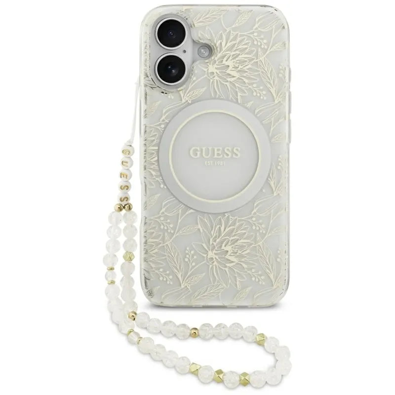 Guess IML Flowers Electro Pearl Strap MagSafe - Dėklas iPhone 17 (baltas)
