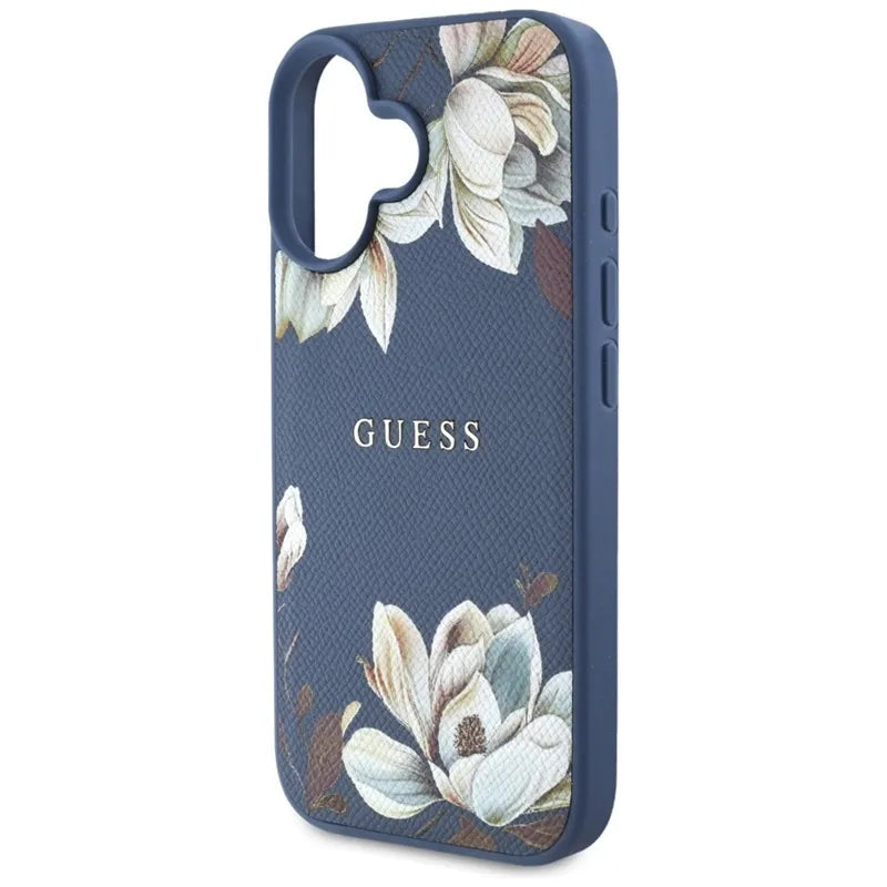 „Guess Grained Printed Flower Pattern MagSafe“ – dėklas „iPhone 16“ (mėlynas)