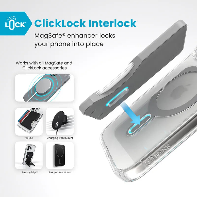 Speck Presidio Perfect-Clear ClickLock & MagSafe dėklas - iPhone 16 Pro (skaidrus / chromo apdaila / Serene Silver)
