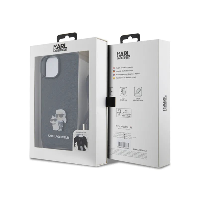 Karl Lagerfeld Crossbody Saffiano Metal Pin Karl & Choupette dėklas, skirtas iPhone 15 Plus (juodas)