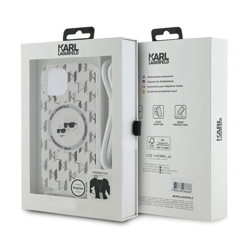 Karl Lagerfeld IML Crossbody Monogram Karl & Choupette Head MagSafe – dėklas telefonui iPhone 15 / 14 / 13 (skaidrus)