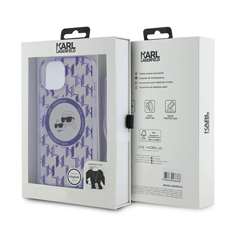 Karl Lagerfeld IML Crossbody Monogram Karl & Choupette Head MagSafe – dėklas iPhone 15 / 14 / 13 (violetinis)