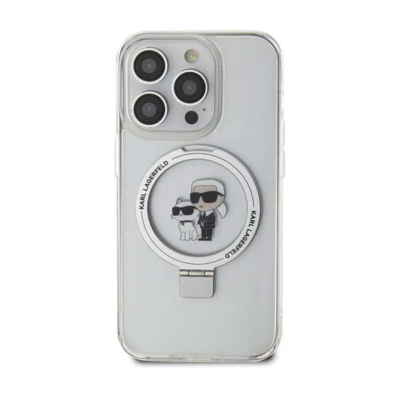 Karl Lagerfeld Ring Stand Karl & Choupette MagSafe dėklas iPhone 14 Pro (baltas)