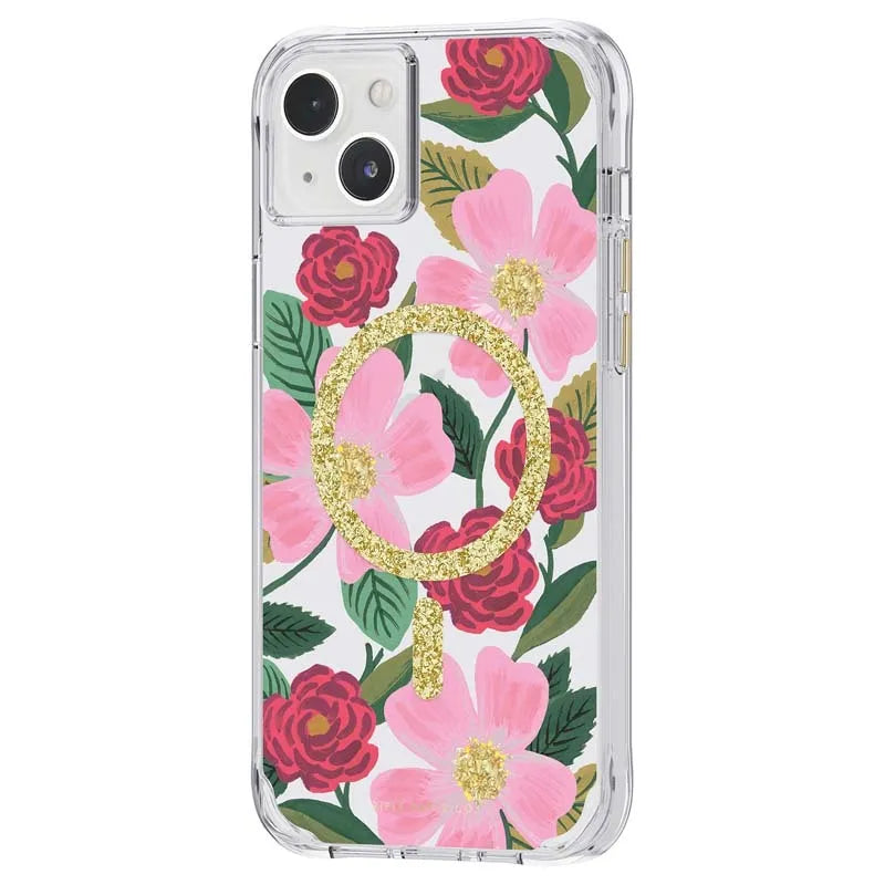 Rifle Paper Clear MagSafe – auksu dekoruotas dėklas, skirtas iPhone 14 Plus (Rose Garden)
