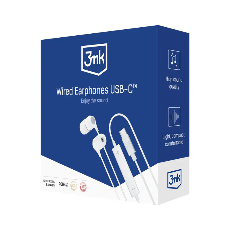 3mk laidinės ausinės USB-C – laidinės įstatomos ausinės (baltos)