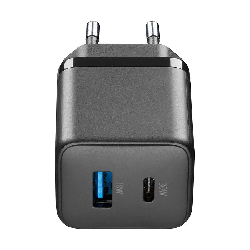 Cellularline Multipower Micro GaN – USB-C ir USB-A „Power Delivery“ 30W tinklo įkroviklis (juodas)