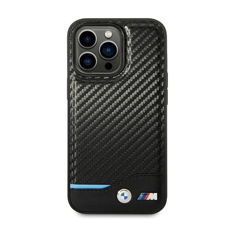 BMW Leather Carbon Blue Line - Dėklas iPhone 14 Pro (Juodas)