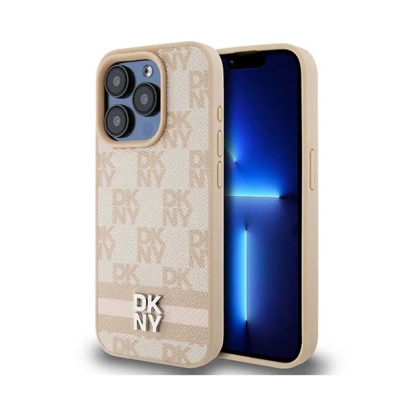 DKNY Leather Checkered Mono Pattern & Printed Stripes – Dėklas iPhone 15 Pro Max (rožinis)