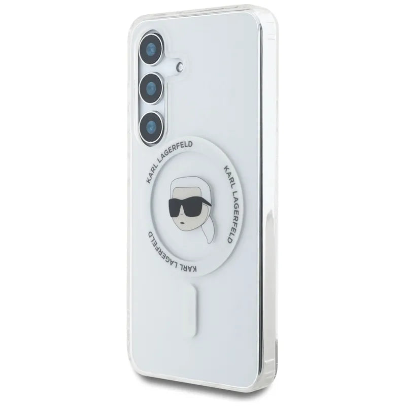 Karl Lagerfeld Button Karl Head Printed Logo MagSafe – dėklas Samsung Galaxy S25 (baltas)