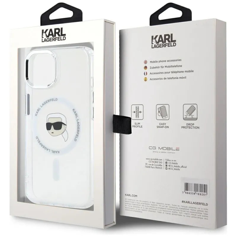 Karl Lagerfeld IML Metal Karl Head MagSafe – dėklas, skirtas iPhone 15 (baltas)