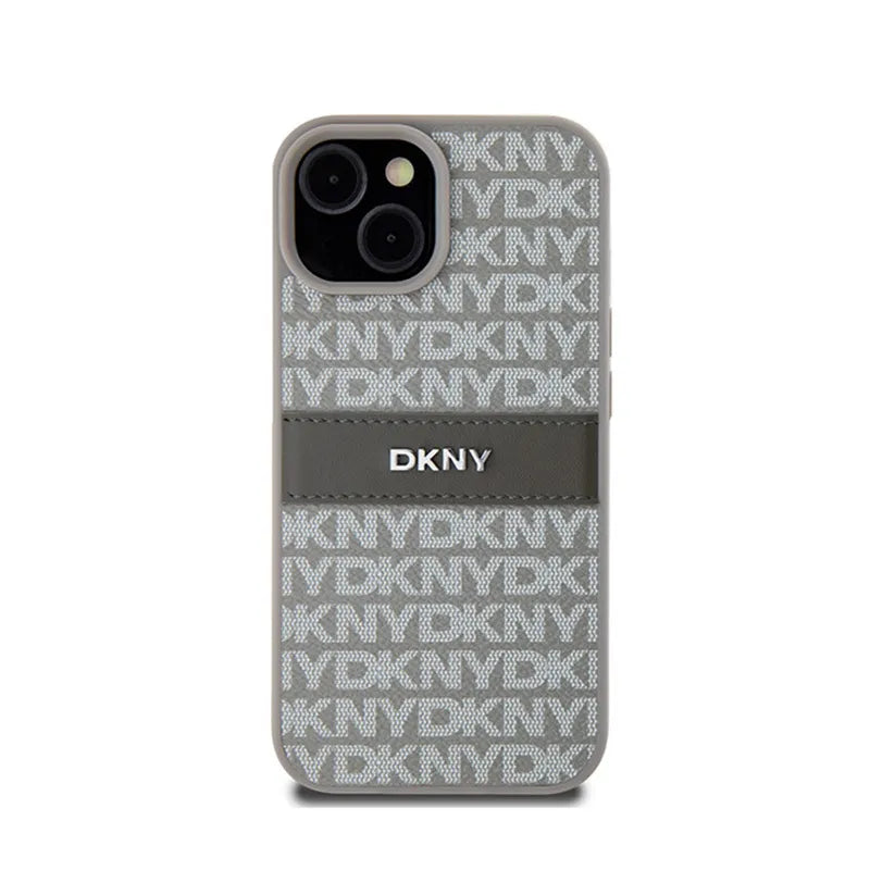 DKNY Leather Mono Stripe & Metal Logo – iPhone 15 Plus / 14 Plus dėklas (smėlio spalvos)