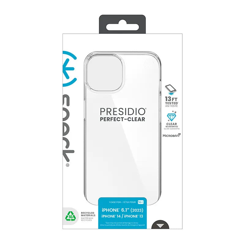 Speck Presidio Perfect-Clear – dėklas iPhone 17e / 16e / 15 / 14 / 13 (skaidrus)