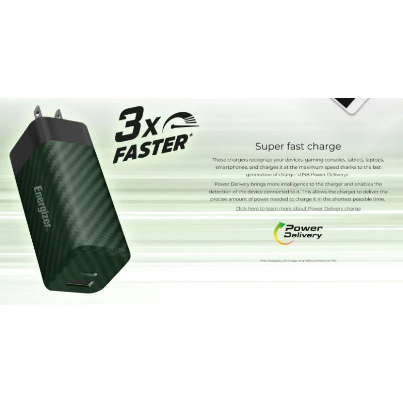 Energizer Ultimate – GaN USB-C ir USB-A 65W PD tinklo įkroviklis su EU/UK/US adapteriais (sidabrinis)