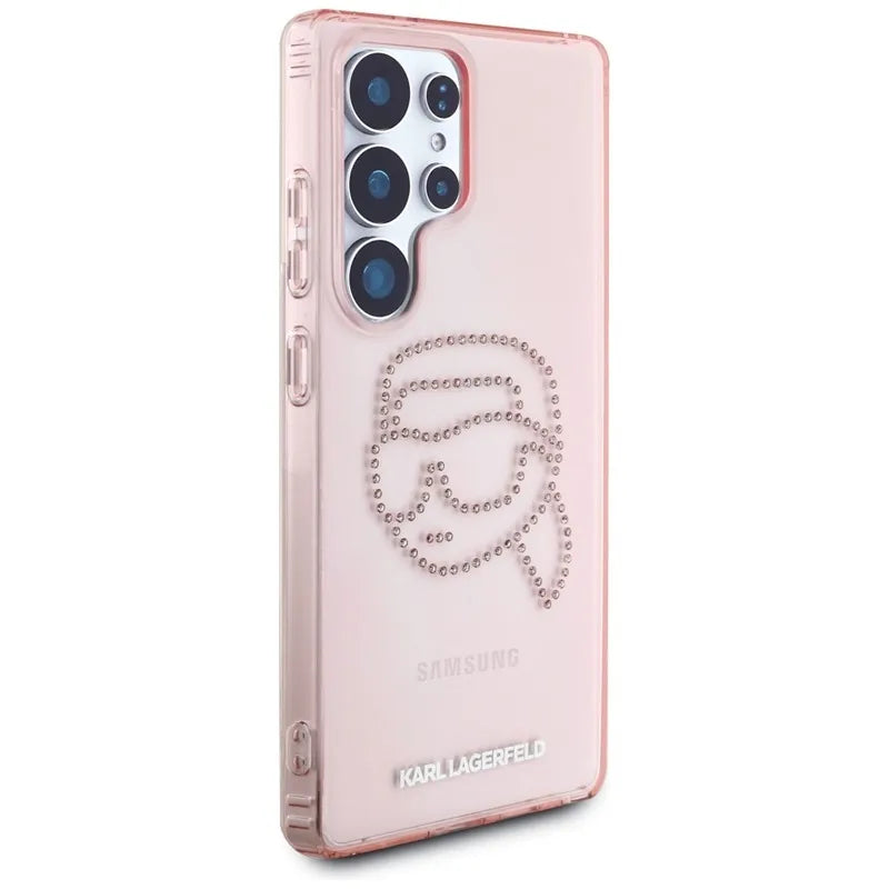 Karl Lagerfeld Rhinestones Karl Head Logo – dėklas, skirtas Samsung Galaxy S25 Ultra (rožinis)