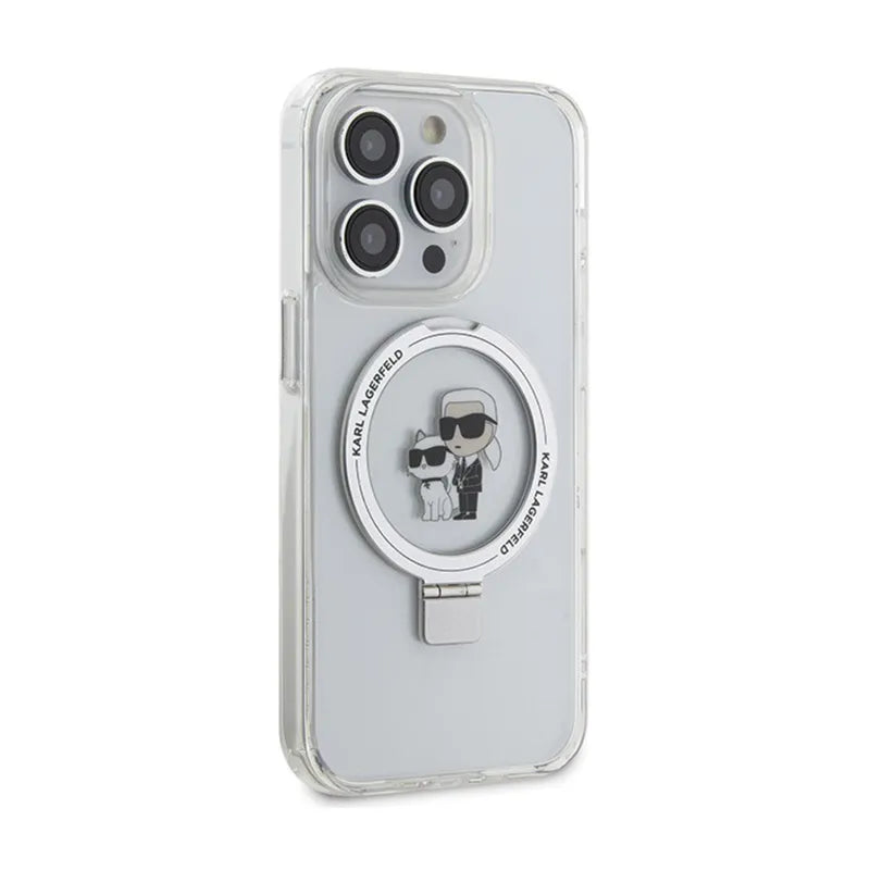 Karl Lagerfeld Ring Stand Karl & Choupette MagSafe dėklas iPhone 14 Pro (baltas)