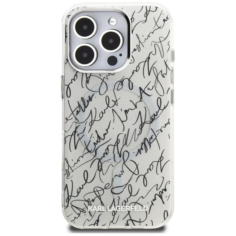 Karl Lagerfeld IML Karl Script Pattern MagSafe – dėklas iPhone 16 Pro Max (baltas)