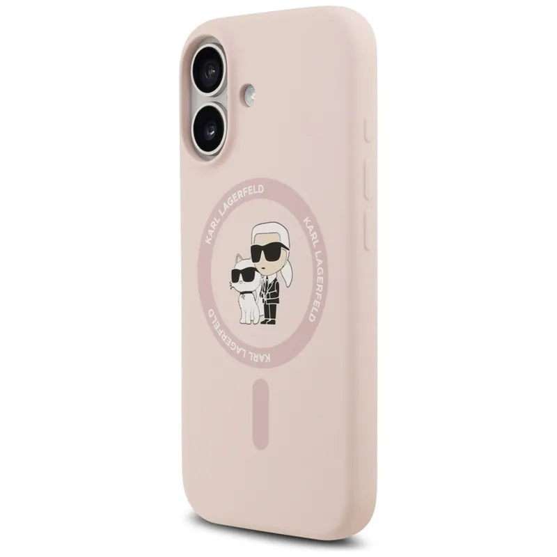 Karl Lagerfeld Silicone Karl & Choupette Ring MagSafe – dėklas iPhone 17 (rožinis)