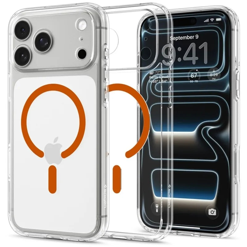 Spigen Ultra Hybrid Mag MagSafe – dėklas, skirtas iPhone 18 Pro / 17 Pro (skaidrus / oranžinis)