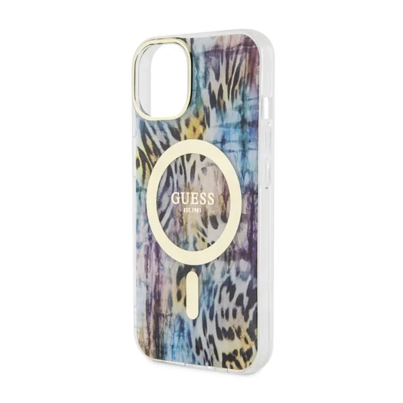Guess Leopard MagSafe – dėklas iPhone 14 (mėlynas)
