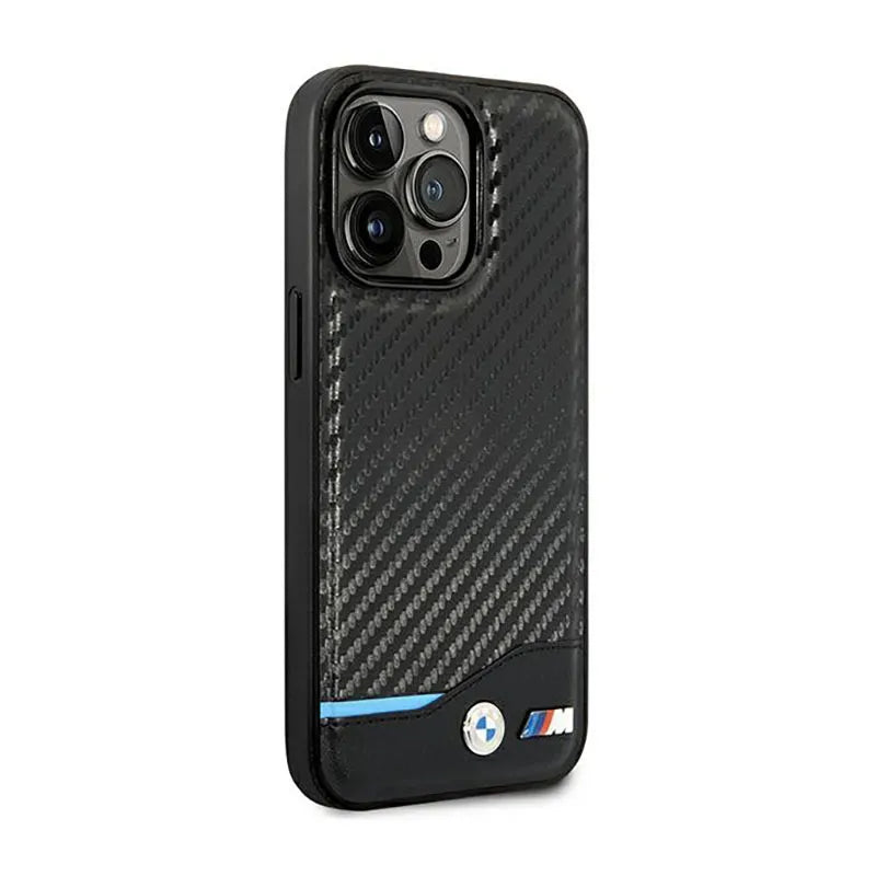 BMW Leather Carbon Blue Line - Dėklas iPhone 14 Pro (Juodas)