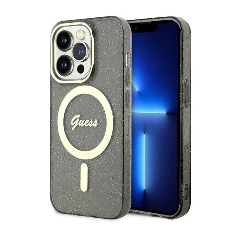 Guess Glitter Gold MagSafe - Dėklas iPhone 14 Pro (Juodas)