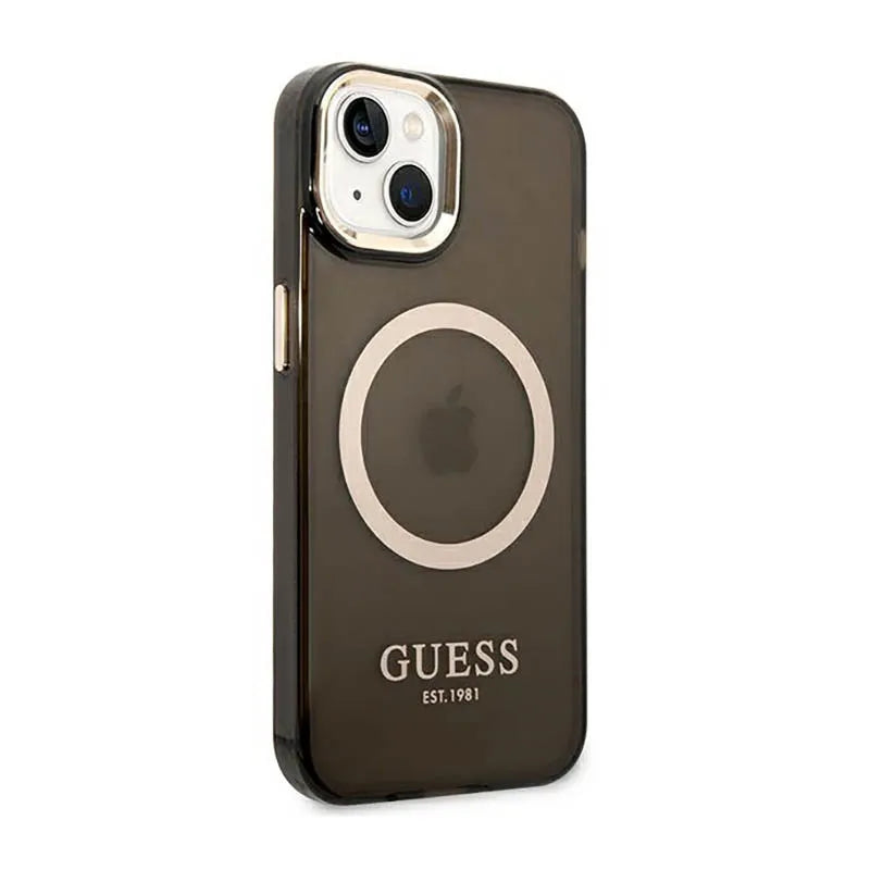 Guess Gold Outline Translucent MagSafe – dėklas iPhone 14 telefonui (juodas)