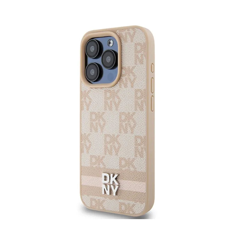 DKNY Leather Checkered Mono Pattern & Printed Stripes – Dėklas iPhone 15 Pro Max (rožinis)