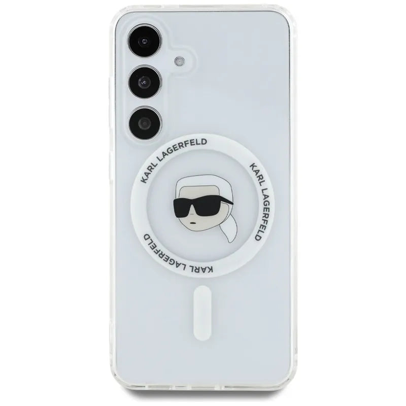 Karl Lagerfeld Button Karl Head Printed Logo MagSafe – dėklas Samsung Galaxy S25 (baltas)