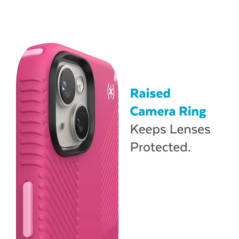 Speck Presidio2 Grip MagSafe – neslystantis iPhone 14 Plus dėklas (Digitalpink / Blossompink / White)