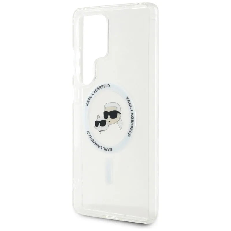 Karl Lagerfeld Button Karl & Choupette Heads Printed Logo MagSafe – dėklas Samsung Galaxy S25 Ultra (baltas)