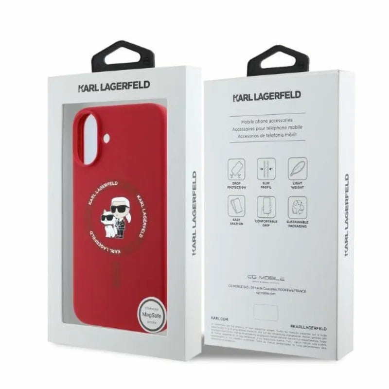 Karl Lagerfeld Silicone Karl & Choupette Ring MagSafe – dėklas iPhone 16 (raudonas)