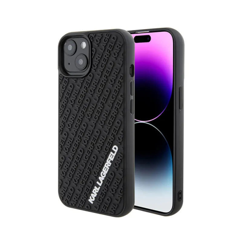 Karl Lagerfeld 3D Rubber Multi Logo dėklas, skirtas iPhone 15 (juodas)