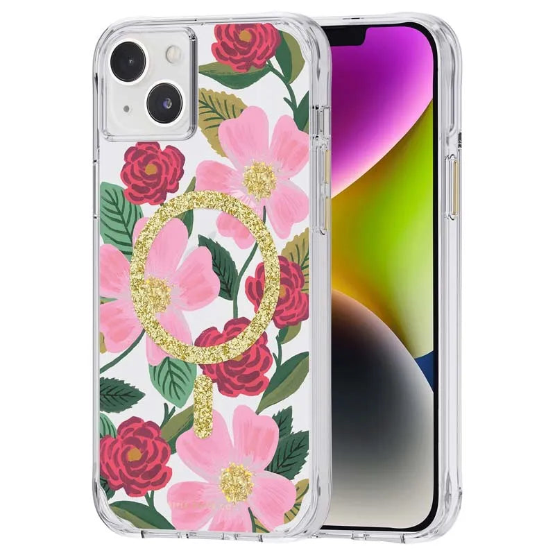 Rifle Paper Clear MagSafe – auksu dekoruotas dėklas, skirtas iPhone 14 Plus (Rose Garden)