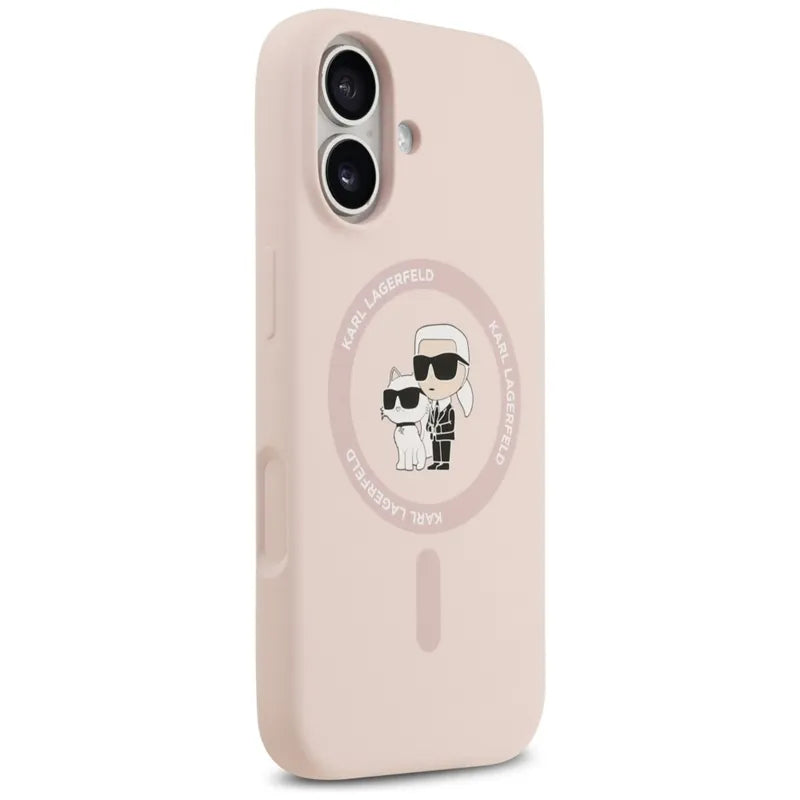 Karl Lagerfeld Silicone Karl & Choupette Ring MagSafe – dėklas iPhone 17 (rožinis)