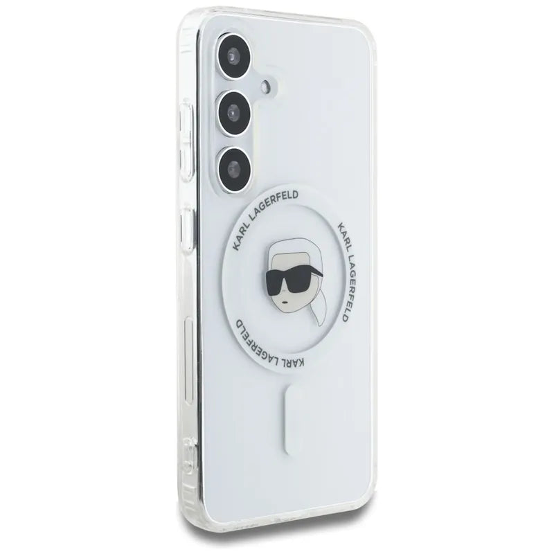 Karl Lagerfeld Button Karl Head Printed Logo MagSafe – dėklas Samsung Galaxy S25 (baltas)