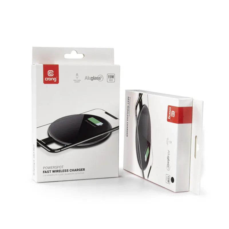 Crong PowerSpot spartusis belaidis įkroviklis – 15 W aliumininis USB-C „Qi“ belaidis įkroviklis su grūdinto stiklo danga (sidabrinė balta)