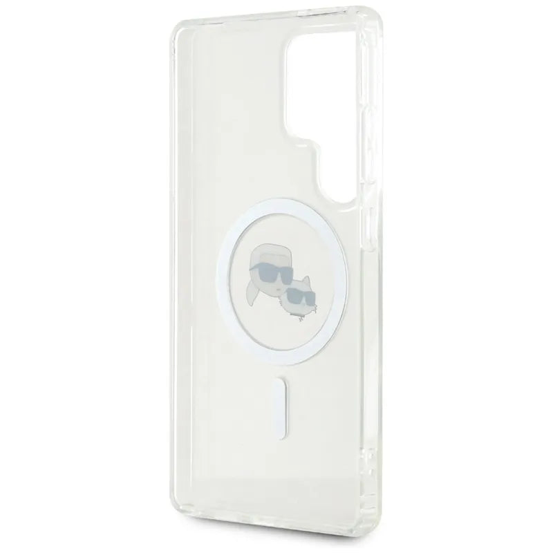 Karl Lagerfeld Button Karl & Choupette Heads Printed Logo MagSafe – dėklas Samsung Galaxy S25 Ultra (baltas)