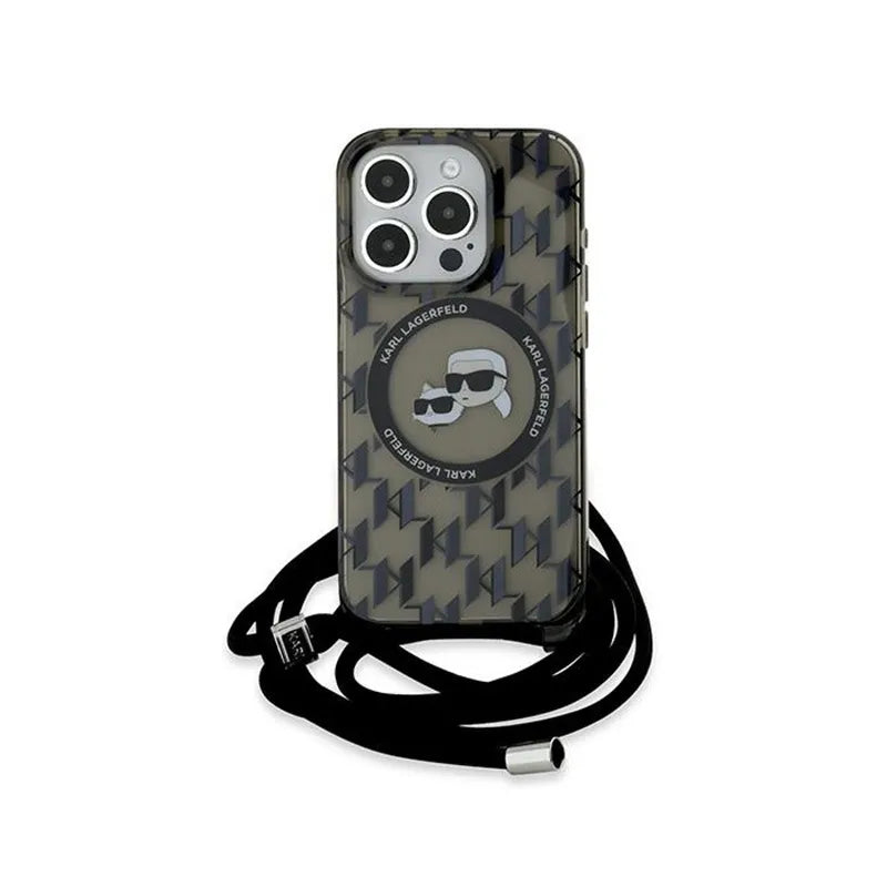 Karl Lagerfeld IML Crossbody Monogram Karl & Choupette Head MagSafe – dėklas iPhone 15 Pro Max (juodas)