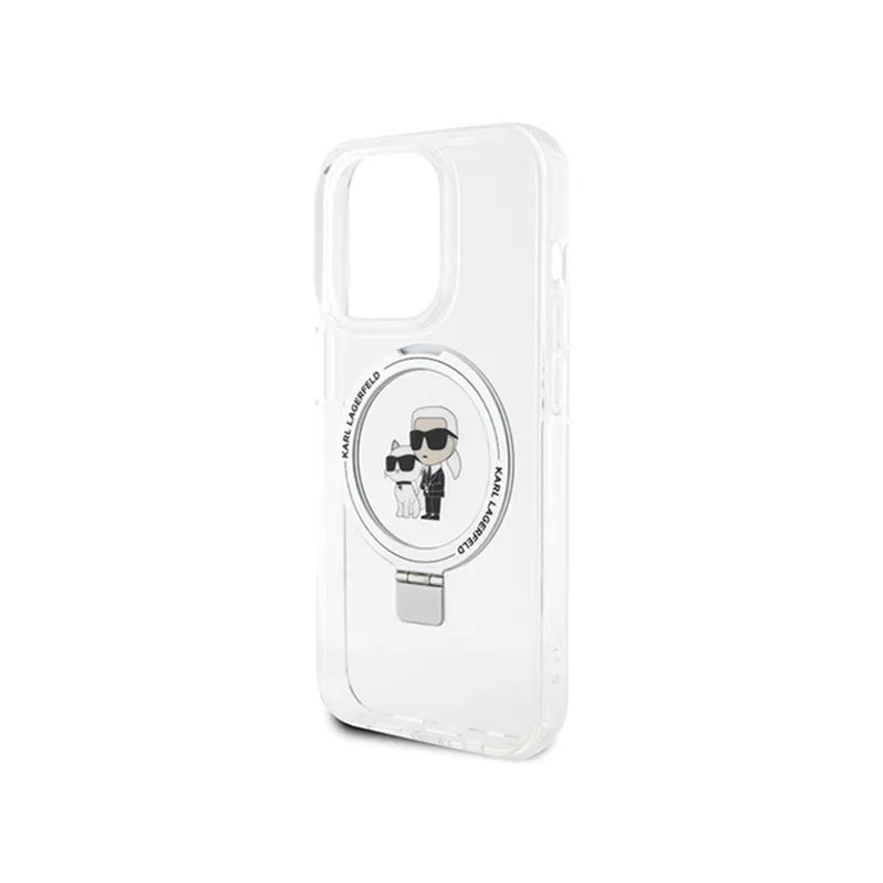 Karl Lagerfeld Ring Stand Karl & Choupette MagSafe dėklas iPhone 14 Pro (baltas)