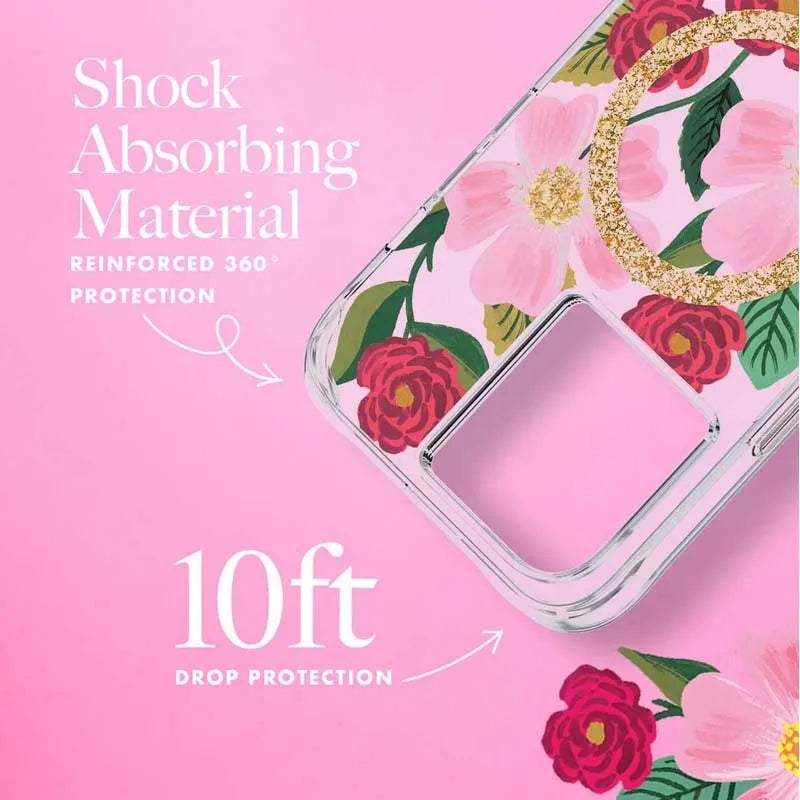 Rifle Paper Clear MagSafe – auksu dekoruotas dėklas, skirtas iPhone 14 Plus (Rose Garden)