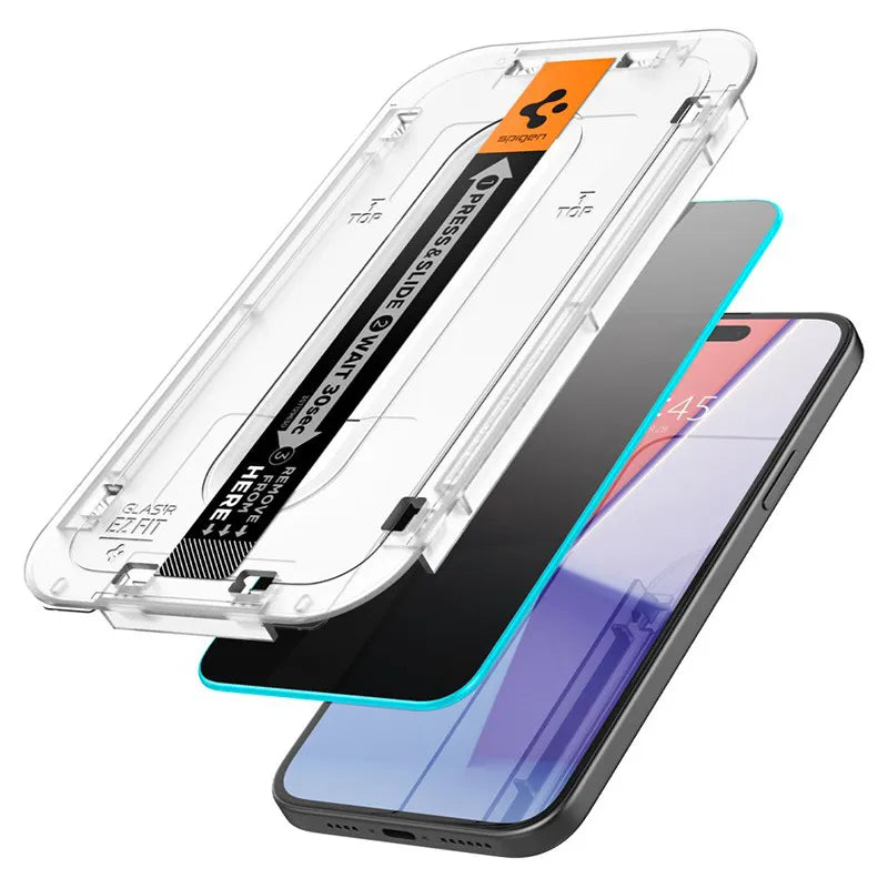 Spigen GLAS.TR EZ FIT Privacy – grūdintas stiklas su privatumo filtru, skirtas iPhone 15 Plus / 16 Plus
