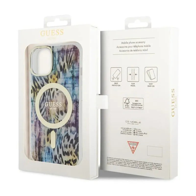 Guess Leopard MagSafe – dėklas iPhone 14 (mėlynas)