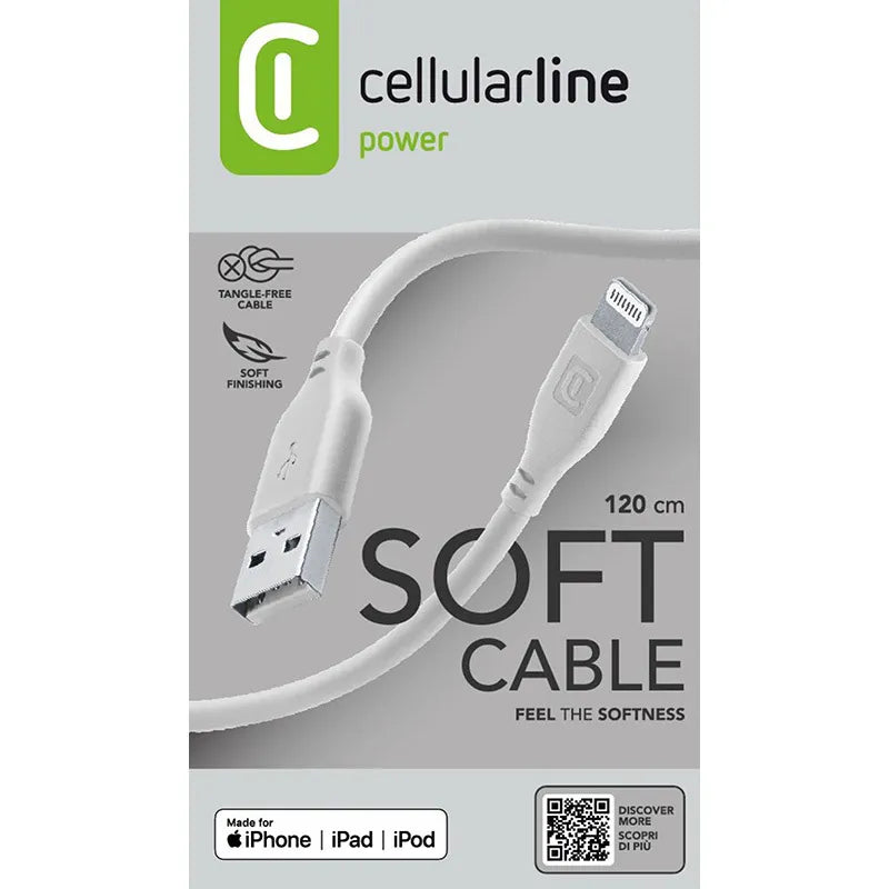 Cellularline Soft Cable – USB-A į Lightning laidas, MFi sertifikuotas, 1,2 m (pilkas)