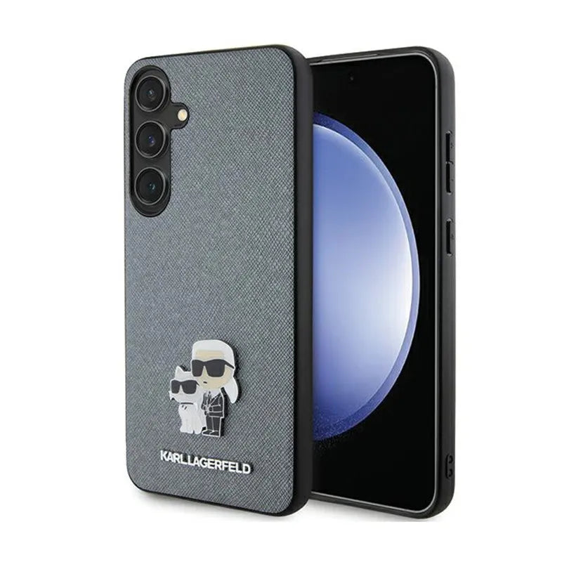 Karl Lagerfeld Saffiano Karl & Choupette Metal Pin - Samsung Galaxy S24+ dėklas (pilkas)