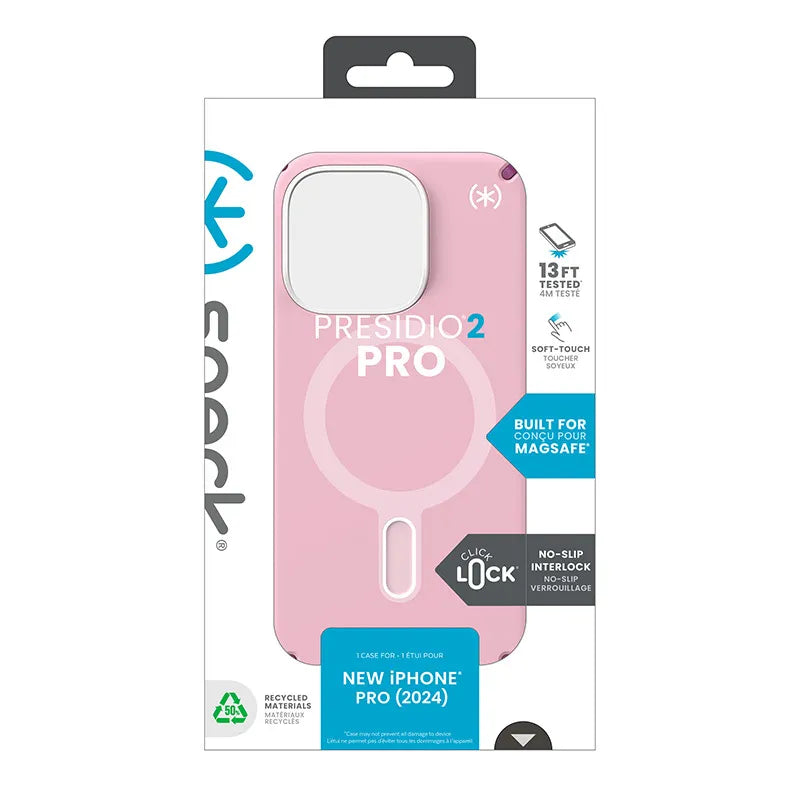 Speck Presidio2 Pro ClickLock & MagSafe – iPhone 16 Pro dėklas (Wednesday Pink / Boysenberry Purple / White)
