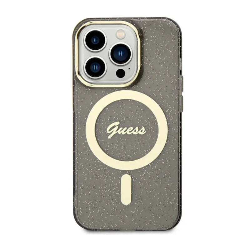 Guess Glitter Gold MagSafe - Dėklas iPhone 14 Pro (Juodas)